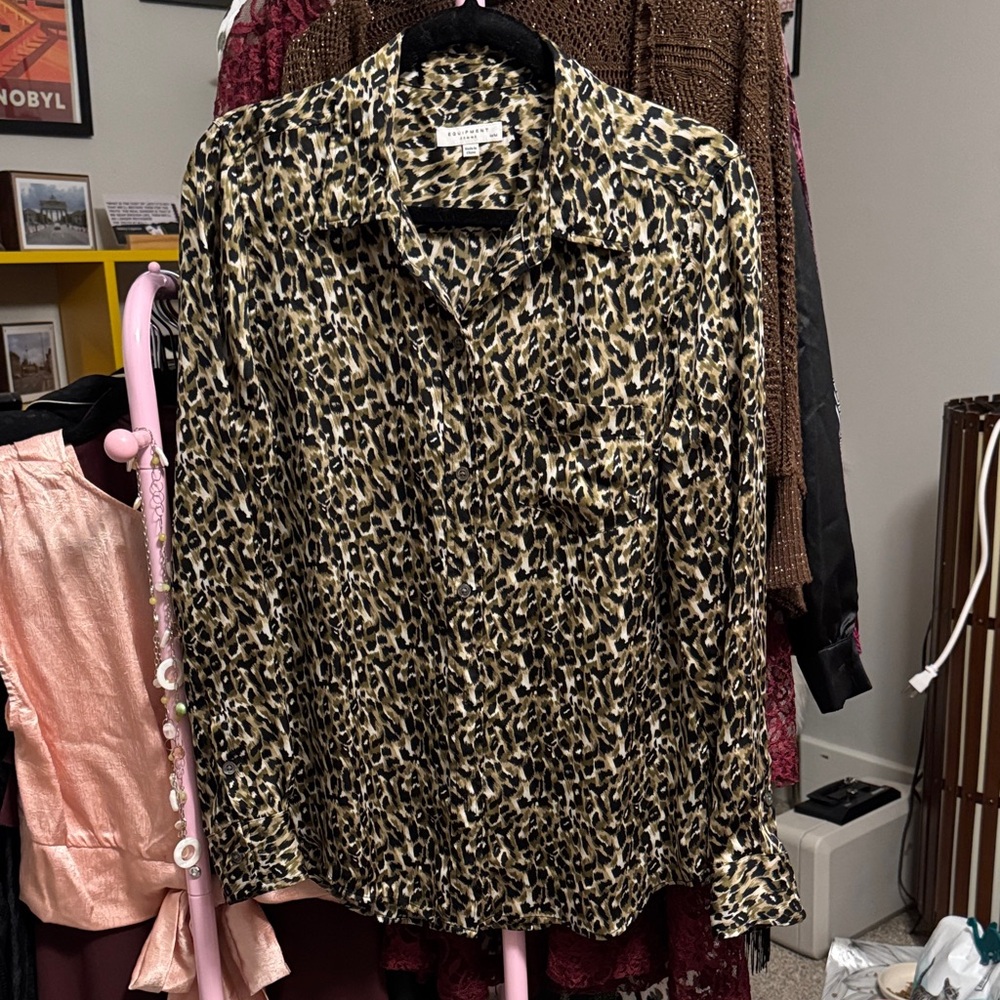 Equipment Leopard Print Button-Down Shirt in Beige and Black